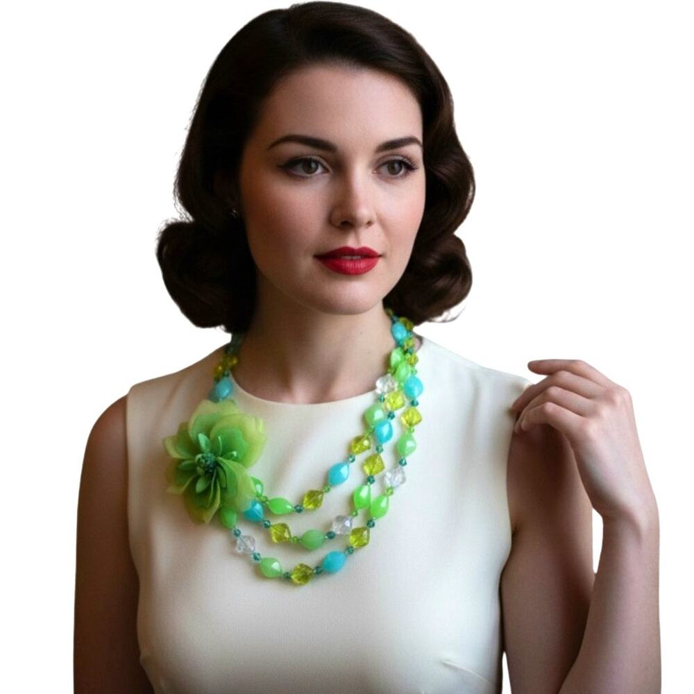 Vintage 1950s Green Blue Lucite Floral Necklace UV Reactive Statement